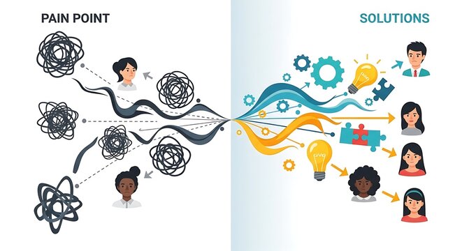 problem solution concept illustration pain point to solution business workflow transformation infographic.