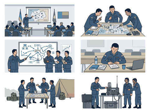 Military training classroom and education set: soldiers studying tactical maps and equipment in flat vector style