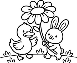 Naklejka premium Cute bunny holding large flower with duck standing on grass line art