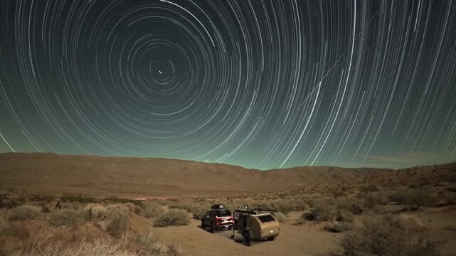 Teardrop camper and SUV sit under night sky as stars create trails in Anza Borrego Desert State Park showing the beauty of BLM land.