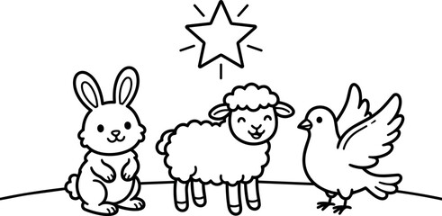 Fototapeta premium Bunny lamb and dove under a shining star