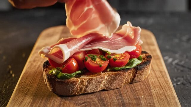 Chef assembling delicious prosciutto and tomato bruschetta on a toasted bread slice, gourmet meal