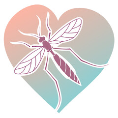 Naklejka premium Stylized mosquito silhouette on multicolored gradient heart background vector illustration featuring white outline and long legs for modern design.