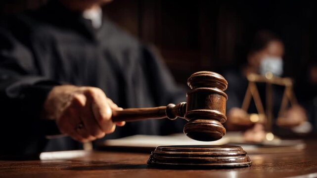 Judge striking wooden gavel in courtroom with scales of justice during formal legal proceeding