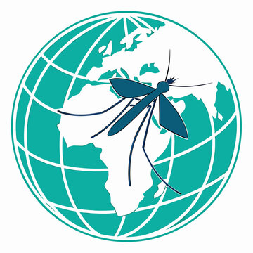 Large blue mosquito icon on green globe background illustrates global impact of tropical illnesses and environmental factors in insect development.