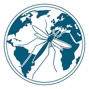 A mosquito silhouette standing on a world map in a circular frame, concept of global health issues related to insect-borne diseases and epidemiology.