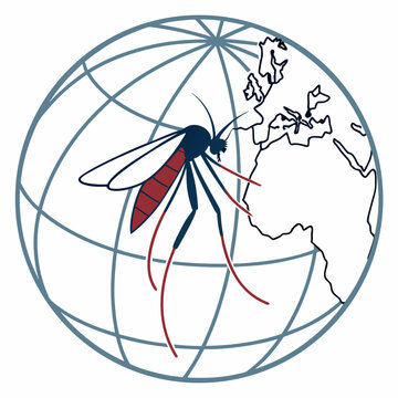 Global mosquito distribution illustration showing large insect over world map highlights international spread of tropical diseases and health issues.