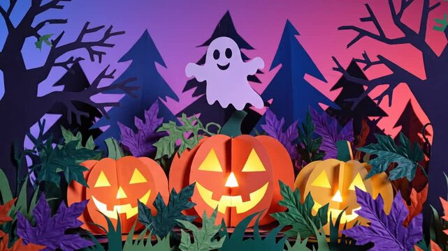 Spooky Paper Cutout Halloween Scene with Three Glowing Pumpkins, Ghost, and Forest Background