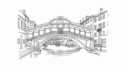 Fototapeta premium Sketch of an arched bridge over a canal with boats and buildings