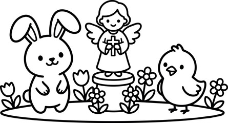 Fototapeta premium Black and white line art bunny angel and chick with flowers illustration