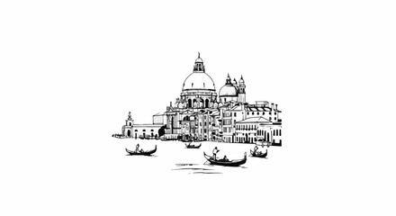 Fototapeta premium Sketch of a grand dome building with gondolas on a canal