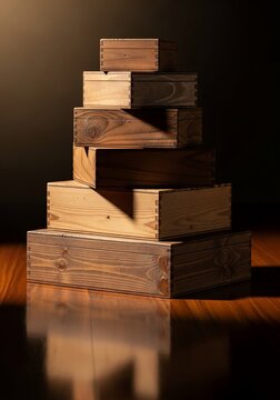 Stacked wooden boxes with dovetail joinery, warm lighting, studio shot, textured surfaces, natural material, storage concept