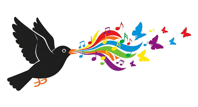 A colorful illustration of a bird singing music with rainbow notes and butterflies