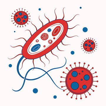 Illustration of large bacterial cell with long flagella surrounded by smaller viral pathogens and circular microbes in blue and red color palette.