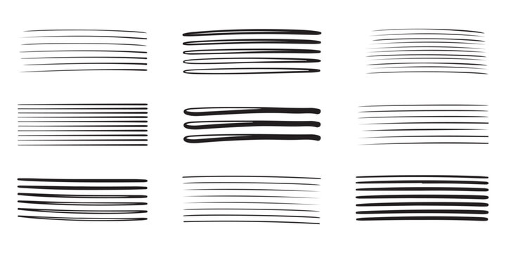 Set of parallel horizontal lines drawn with brush strokes for background design textures and artistic effects.