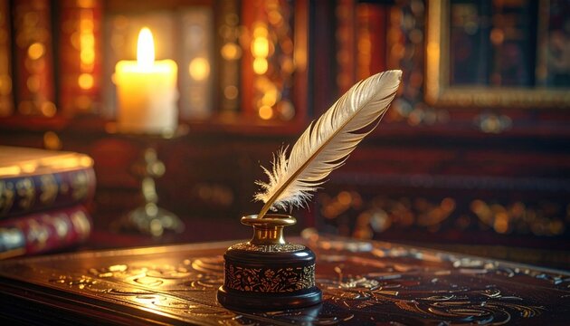 Antique brass inkwell holding a polished feather quill with a warm candle glow in a library setting