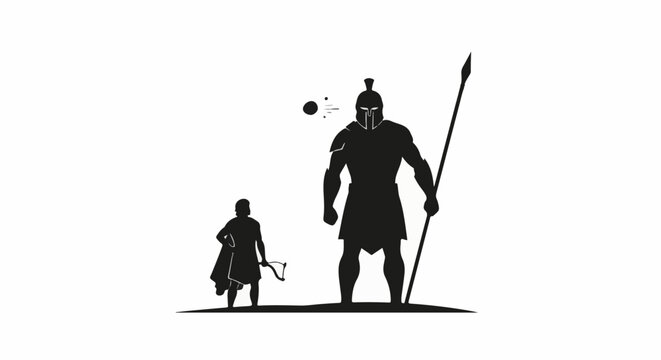 Silhouette of a small figure with a sling facing a giant warrior