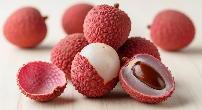 A close-up shot of a cluster of ripe, reddish lychees on a light-colored wooden surface, one halved to reveal the flesh