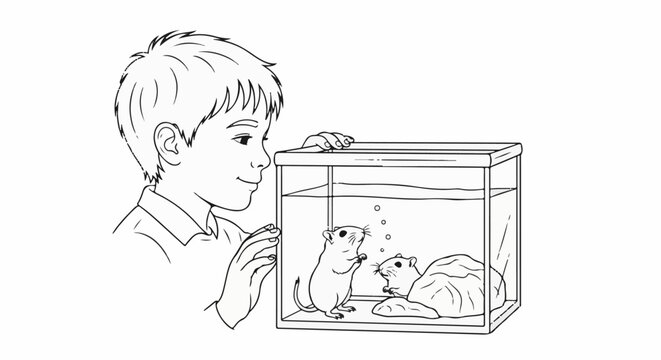 A boy looks at gerbils in a glass aquarium