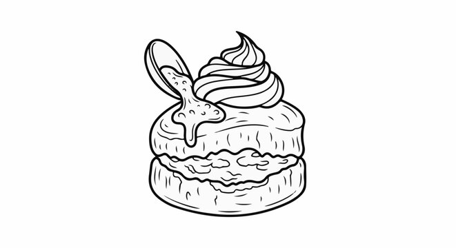 A cartoon drawing of a biscuit, split with cream and drizzled with syrup