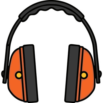 A pair of orange and black ear protectors with headband on white
