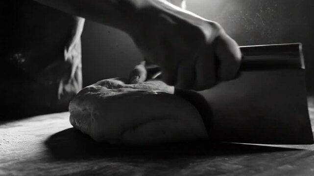 Black and white close up of a baker using a dough cutter to divide the loaf of prepared bread dough