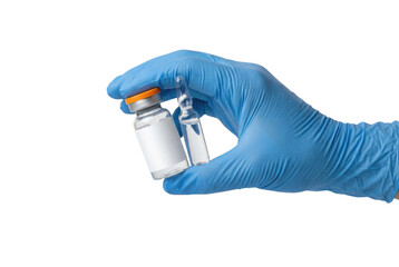 Naklejka premium Medical gloved hand holding vaccine vial and ampoule isolated. Healthcare concept.