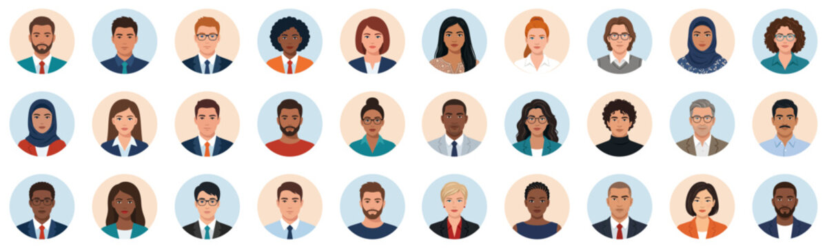 Diverse business avatar set with multiethnic people portraits | Professional men and women circle icons collection | Flat vector illustration style