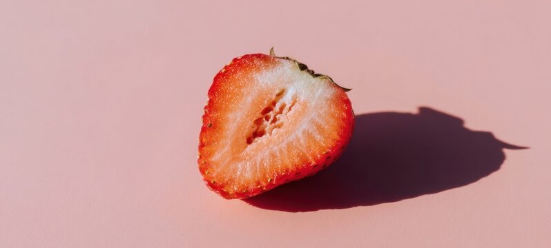 The strawberry half casting a sharp shadow on a pastel pink minimalist background