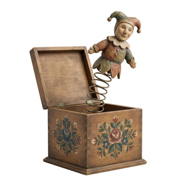 Vintage wooden jack-in-the-box isolated. Antique jester toy mockup.