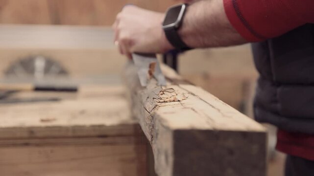 Carpenter using chisel for woodworking project