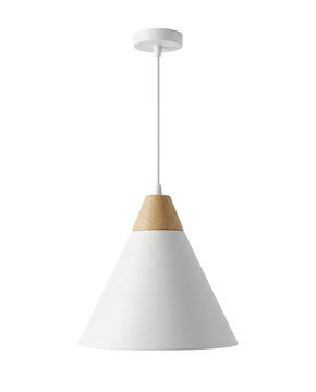 White conical pendant lamp isolated. Scandinavian ceiling light mockup.