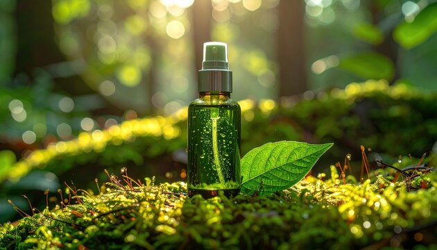 Vibrant green spray bottle with dew drop and leaf in sunlit forest