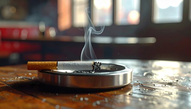 A half-smoked menthol cigarette smoldering in a metal ashtray with wisps of smoke rising against a blurred background.