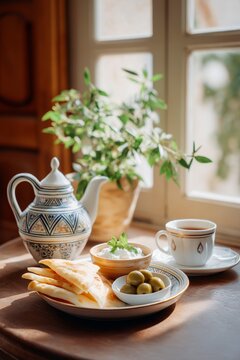 A traditional Arabic breakfast served on a small table by a sunlit window, labneh, olives, flatbread, mint tea, calm morning atmosphere