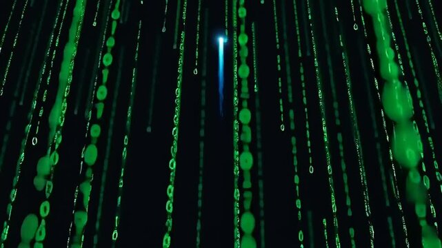 Digital Matrix Code Descending on Black Background with Blue Light