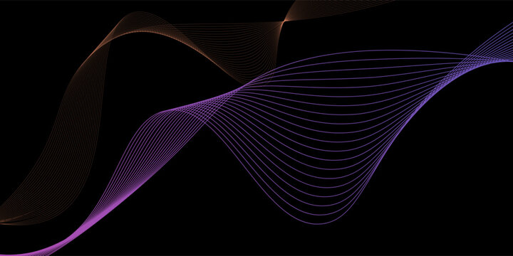 Smooth neon sound wave on black background. Abstract flowing wavy lines design for ai concept, eq equalizer, audio record, voice assistant. Blue pink orange gradient curve stripe wallpaper. Vector