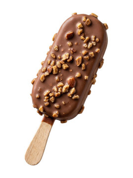 Chocolate ice cream bar with almond nuts on a wooden stick isolated on transparent background