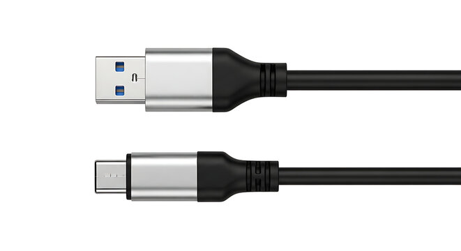 Two black usb data and charging cables with metal connectors including usb type a and micro usb interface connector charging technology hardware computer connection electronic accessory