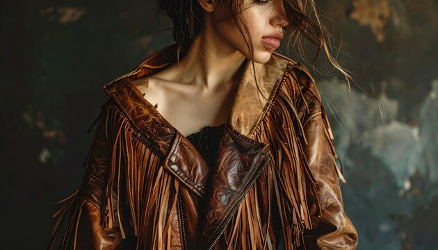Aged leather jacket with prominent fringe detailing on shoulders and collar, showcasing rustic fashion and texture.