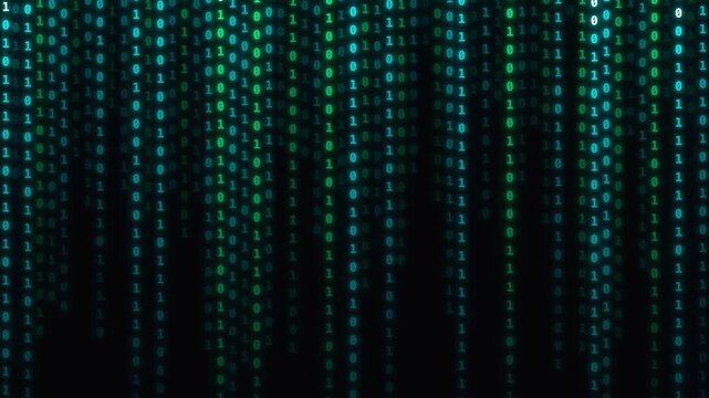 falling binary code numbers 0 and 1, glowing cyan and emerald green highlights