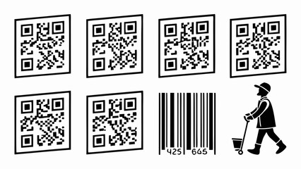 Fototapeta premium A minimalist vector graphic illustration of a person pushing a cart with QR codes and a barcode