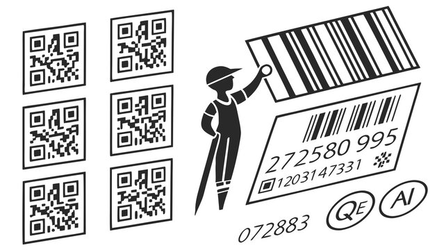 A minimalist vector graphic illustration of a delivery person holding a large barcode sticker with QR codes and other design elements