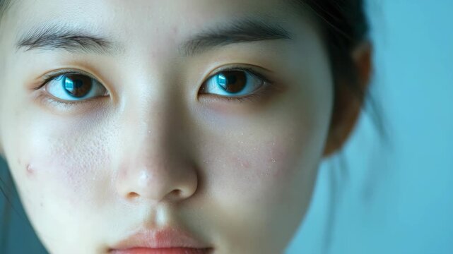 Close-up of a woman's face with blue eyes