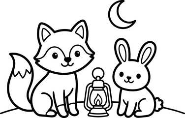 Obraz premium Black and white line art fox and rabbit sitting by lantern under crescent moon