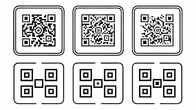A set of six black and white QR code vector icons in different styles