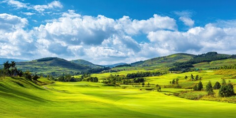 Obraz premium The Rolling Green Hills and Sunlit Countryside Under a Vast Blue Sky
