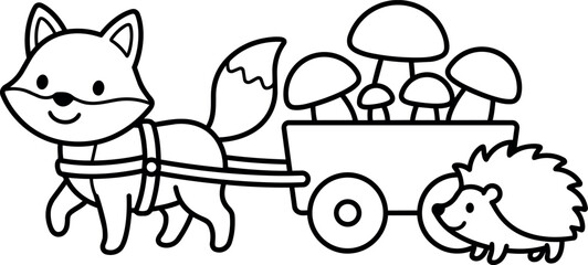 Obraz premium Cute fox pulling cart of mushrooms with happy hedgehog sidekick line art