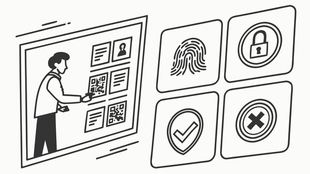 A man interacts with a digital interface featuring various security icons and QR codes in a minimalist vector graphic design