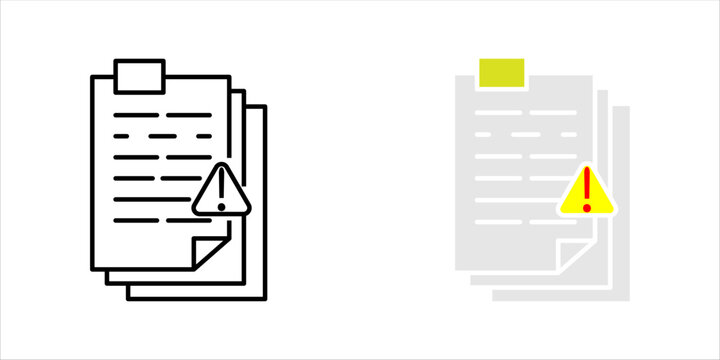 Minimal outline icon set. of stacked documents with warning symbol representing file issues, document alert, report errors, and administrative review